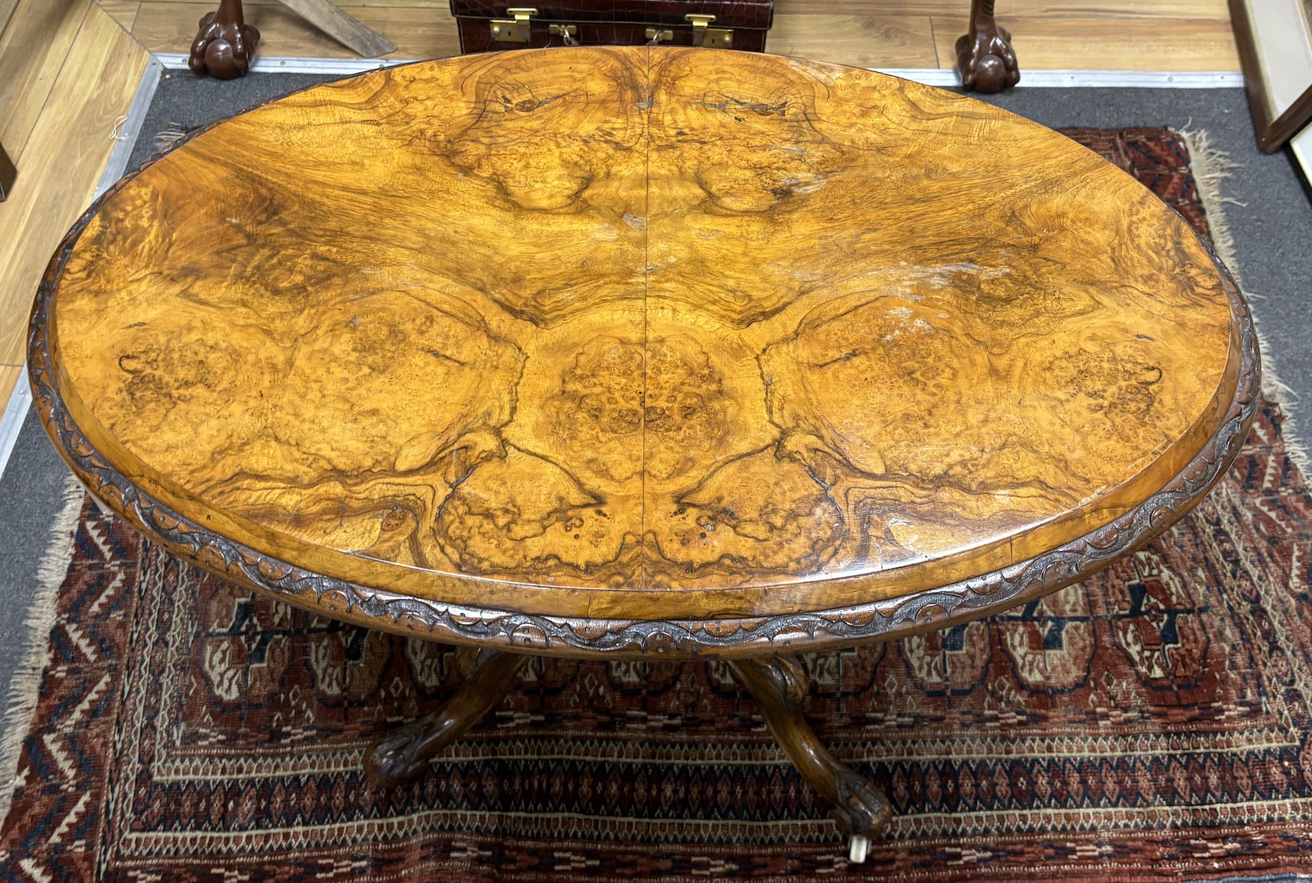 A Victorian oval burr walnut centre table, width 95cm, depth 57cm, height 72cm